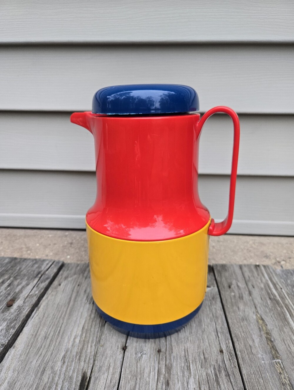 Vtg 80s Colorblock Carafe Pitcher Insulated Thermos 1 Qt Primary Colors Hot Cold